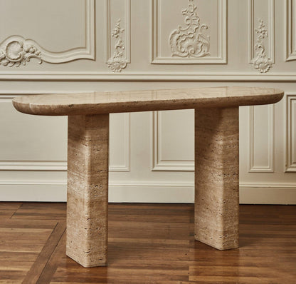 Handmade Travertine Console Table: Sculptural Narrow Entryway Table