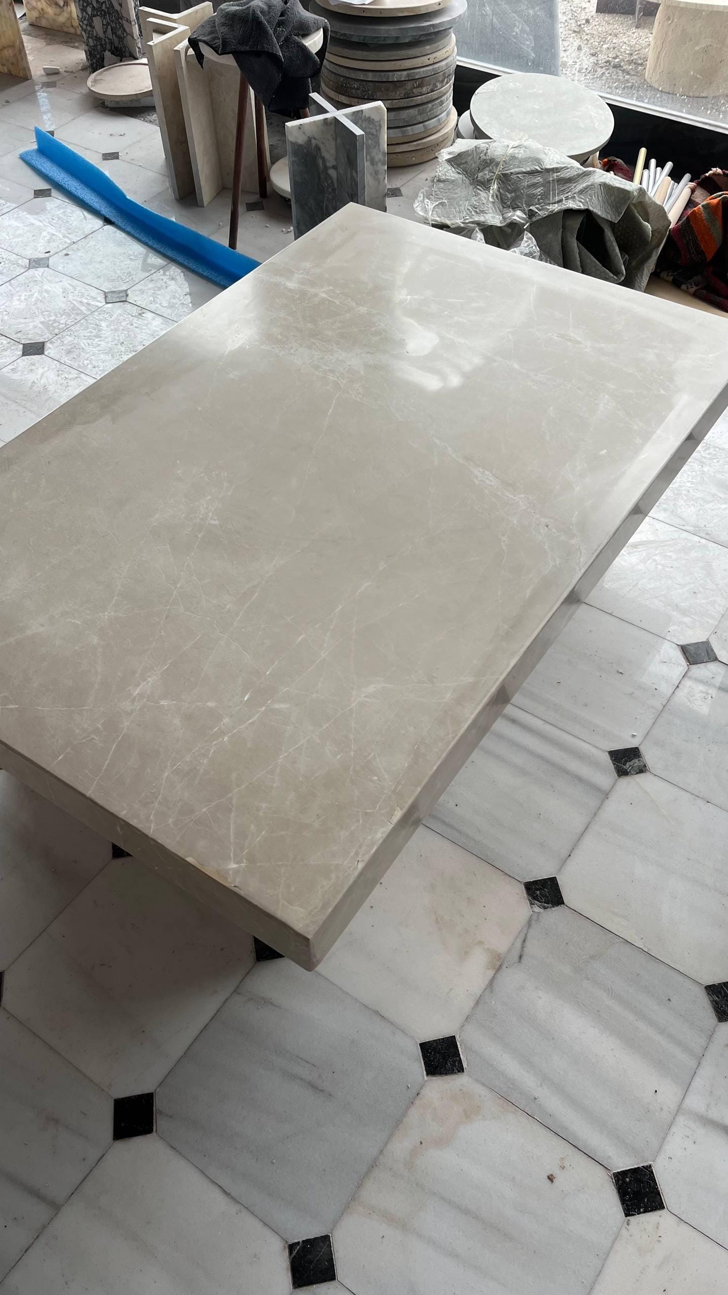 Beige Marble Coffee Table – Sculptural Low Table with Thick Edge, Modern Natural Stone Center Table. Ready To Ship