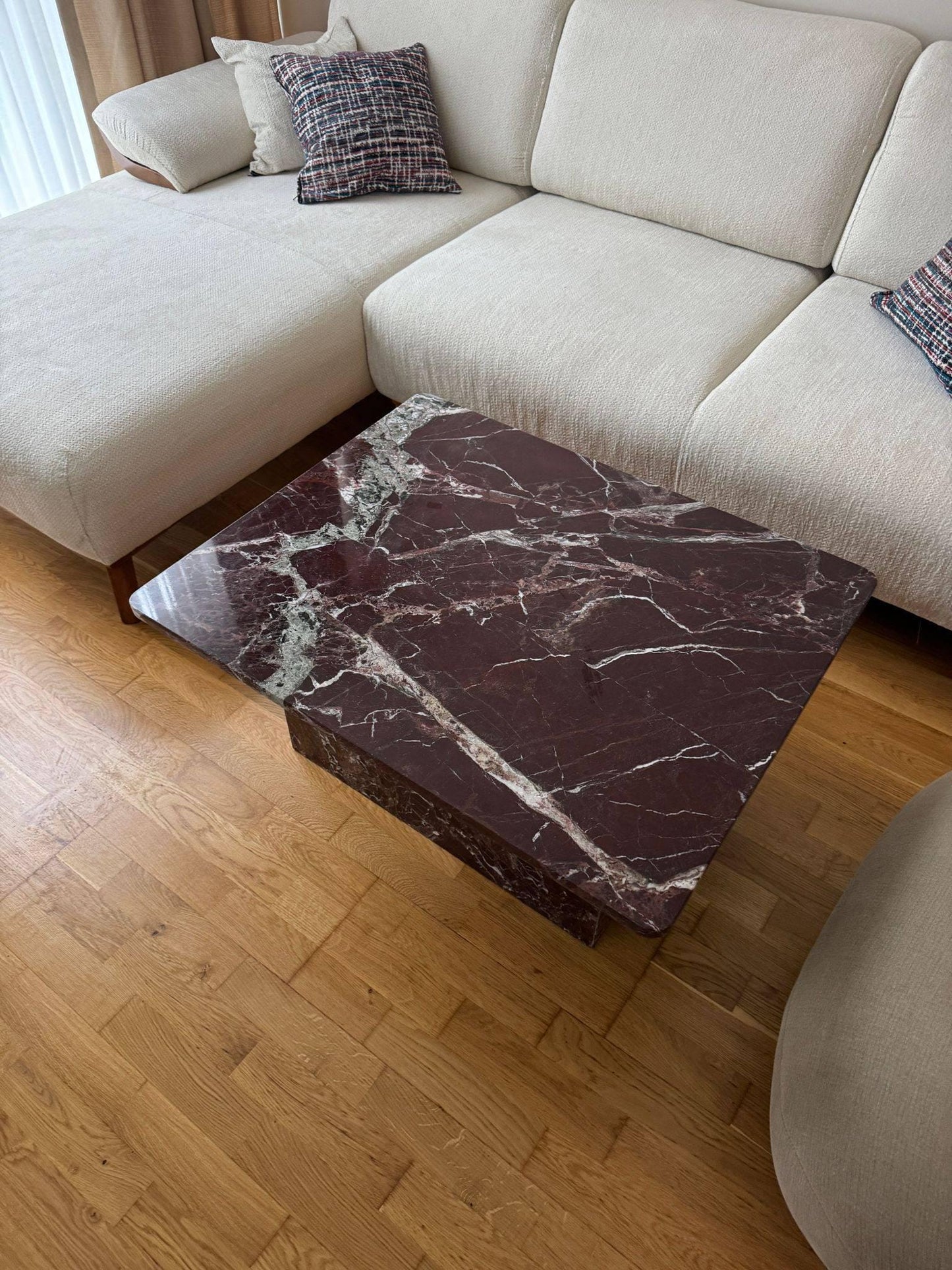 Rosso Levanto Marble Coffee Table: Handmade Red Plinth Table