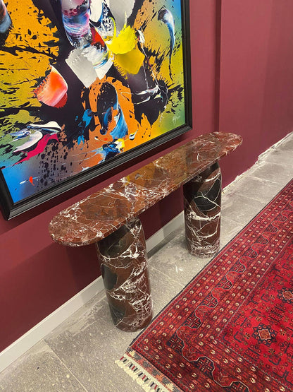 Cherry Red Marble Console Table – Sculptural Rosso Levanto Style Entry & Hallway Console with Round Legs