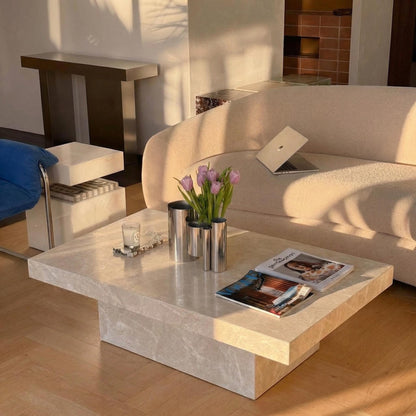 Beige Marble Coffee Table – Sculptural Low Table with Thick Edge, Modern Natural Stone Center Table. Ready To Ship
