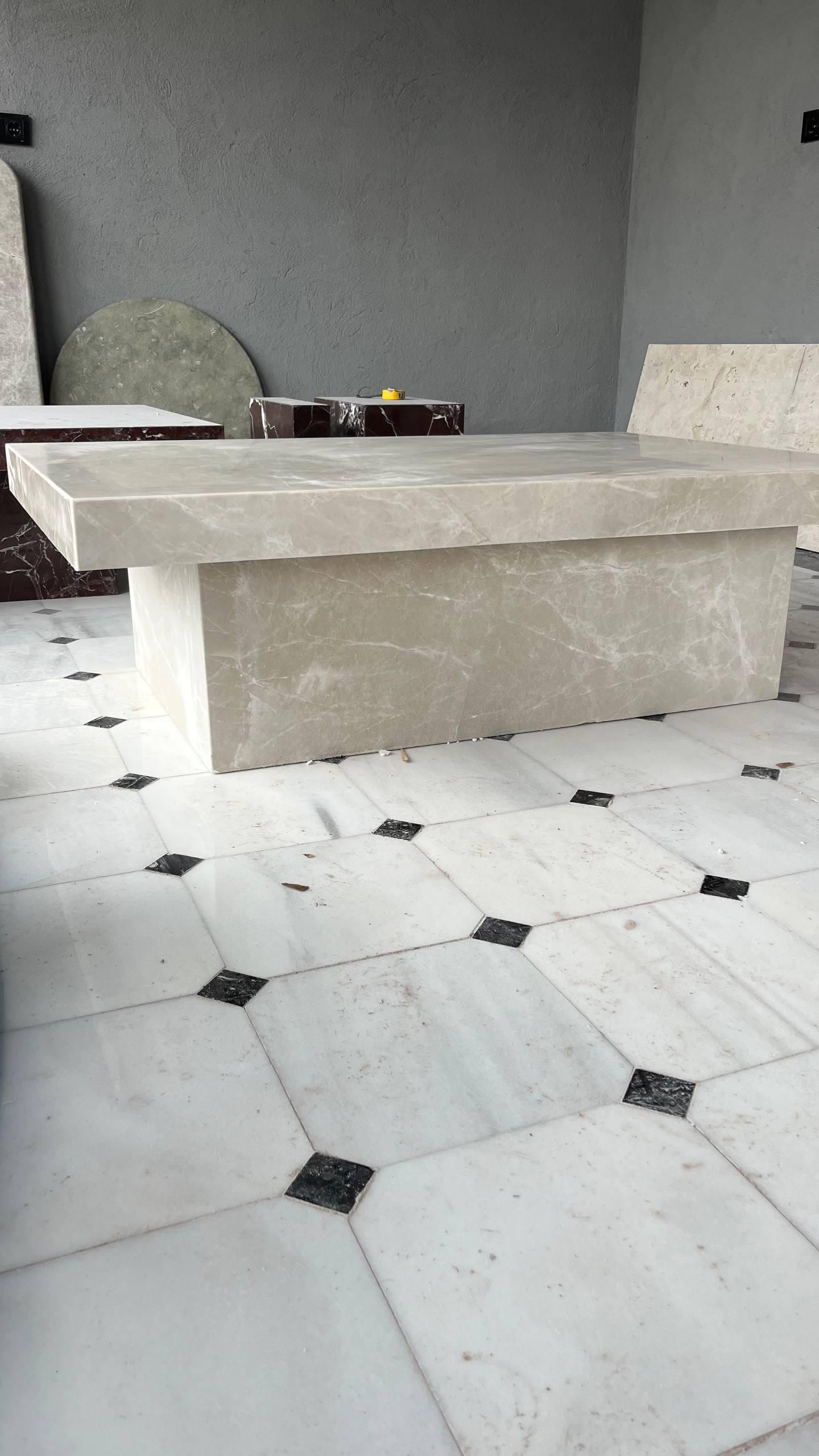 Beige Marble Coffee Table – Sculptural Low Table with Thick Edge, Modern Natural Stone Center Table. Ready To Ship