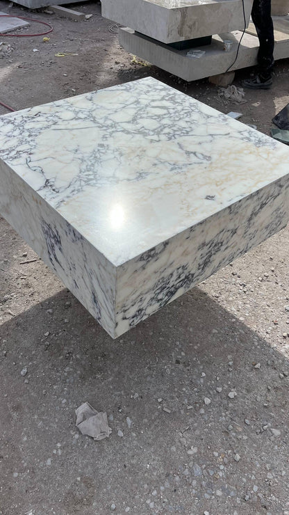 Violet Marble Coffee Table – Sculptural Square Center Table, Luxury Menekşe Marble Low Coffee Table for Modern Living Room Decor