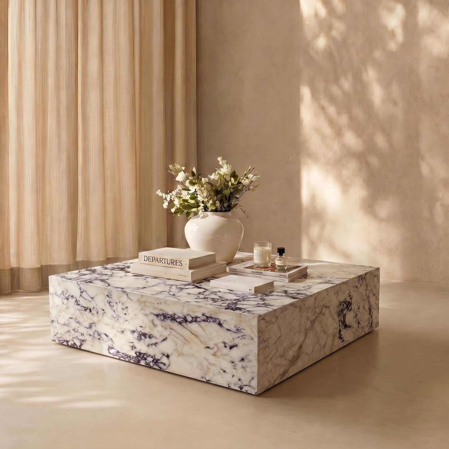 Violet Marble Coffee Table – Sculptural Square Center Table, Luxury Menekşe Marble Low Coffee Table for Modern Living Room Decor
