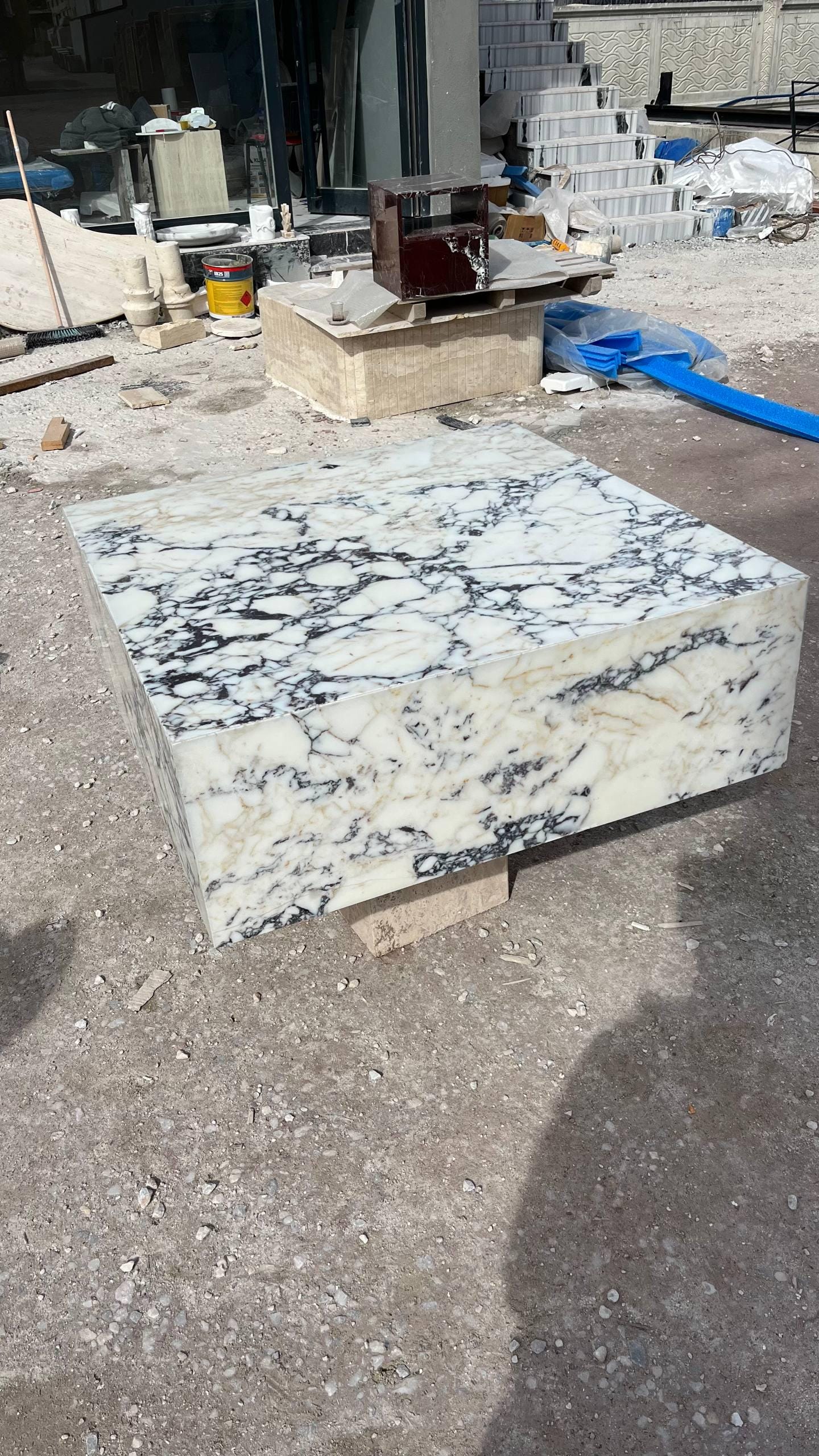 Violet Marble Coffee Table – Sculptural Square Center Table, Luxury Menekşe Marble Low Coffee Table for Modern Living Room Decor