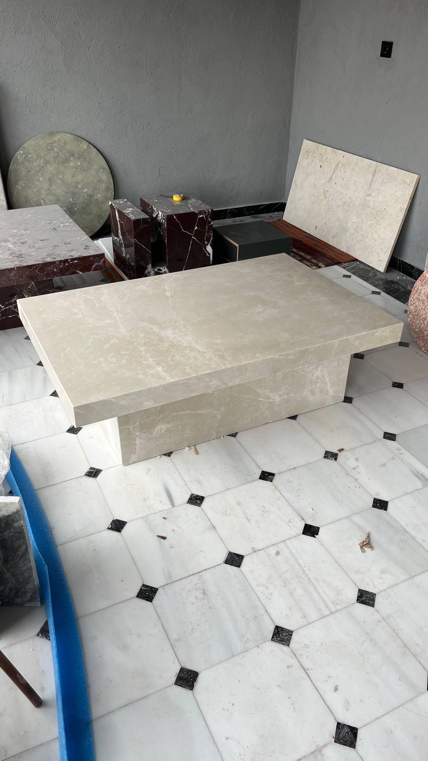 Beige Marble Coffee Table – Sculptural Low Table with Thick Edge, Modern Natural Stone Center Table. Ready To Ship