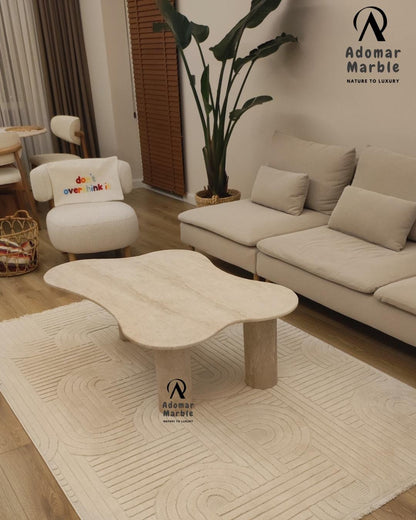Handmade Beige Travertine Coffee Table - Natural Stone Centerpiece