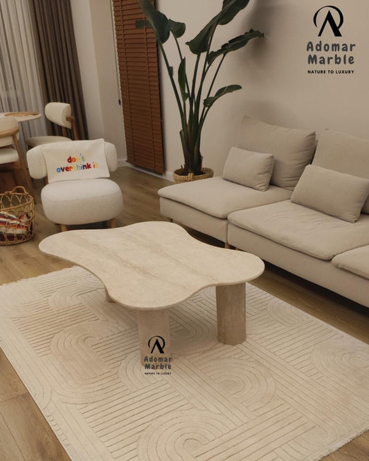 Handmade Beige Travertine Coffee Table - Natural Stone Centerpiece