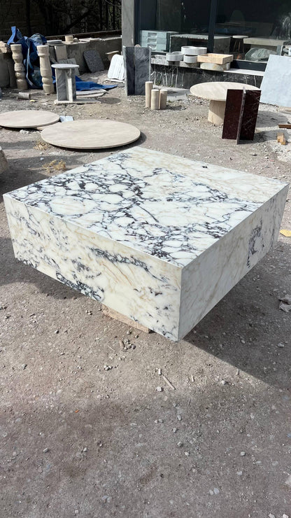 Violet Marble Coffee Table – Sculptural Square Center Table, Luxury Menekşe Marble Low Coffee Table for Modern Living Room Decor