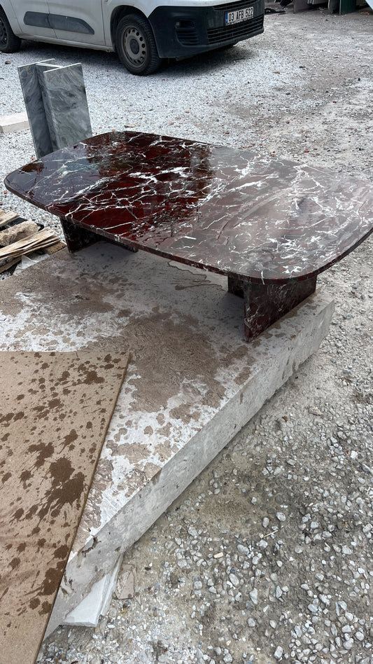 Burgundy Marble Coffee Table, Handmade Natural Stone Center Table, Modern Slab Leg Living Room Table 150x80x40 cm