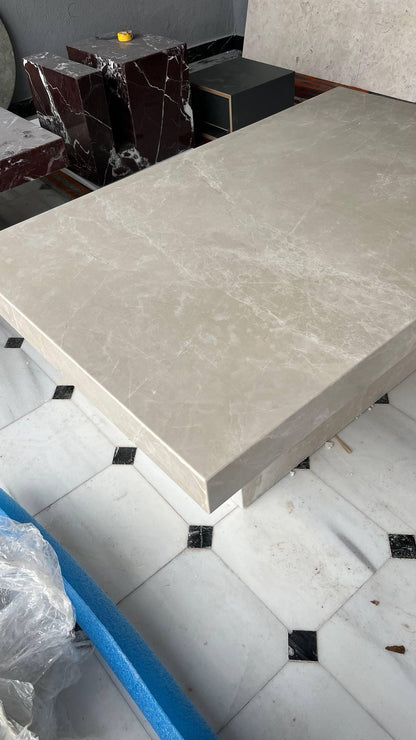 Beige Marble Coffee Table – Sculptural Low Table with Thick Edge, Modern Natural Stone Center Table. Ready To Ship