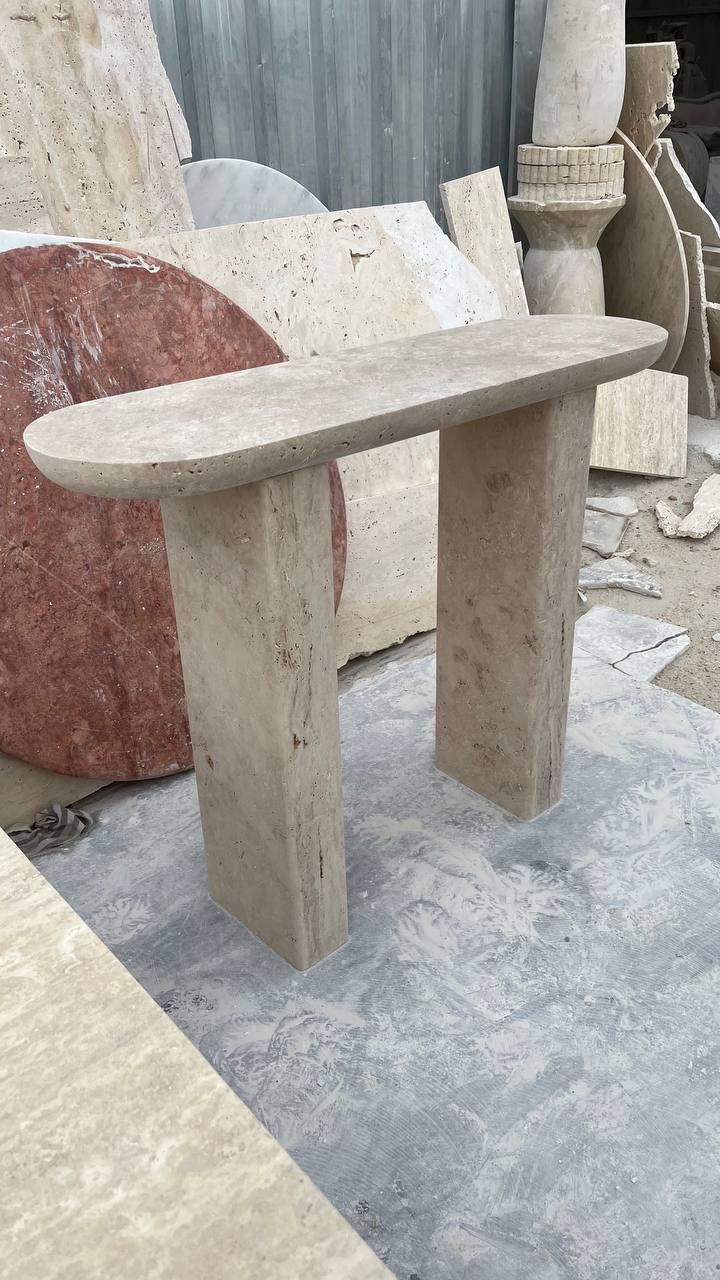 Handmade Travertine Console Table: Sculptural Narrow Entryway Table