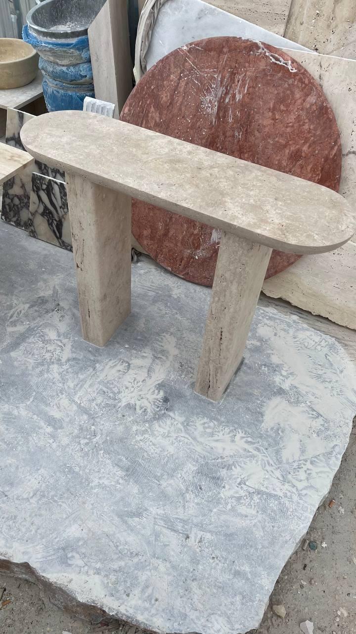 Handmade Travertine Console Table: Sculptural Narrow Entryway Table