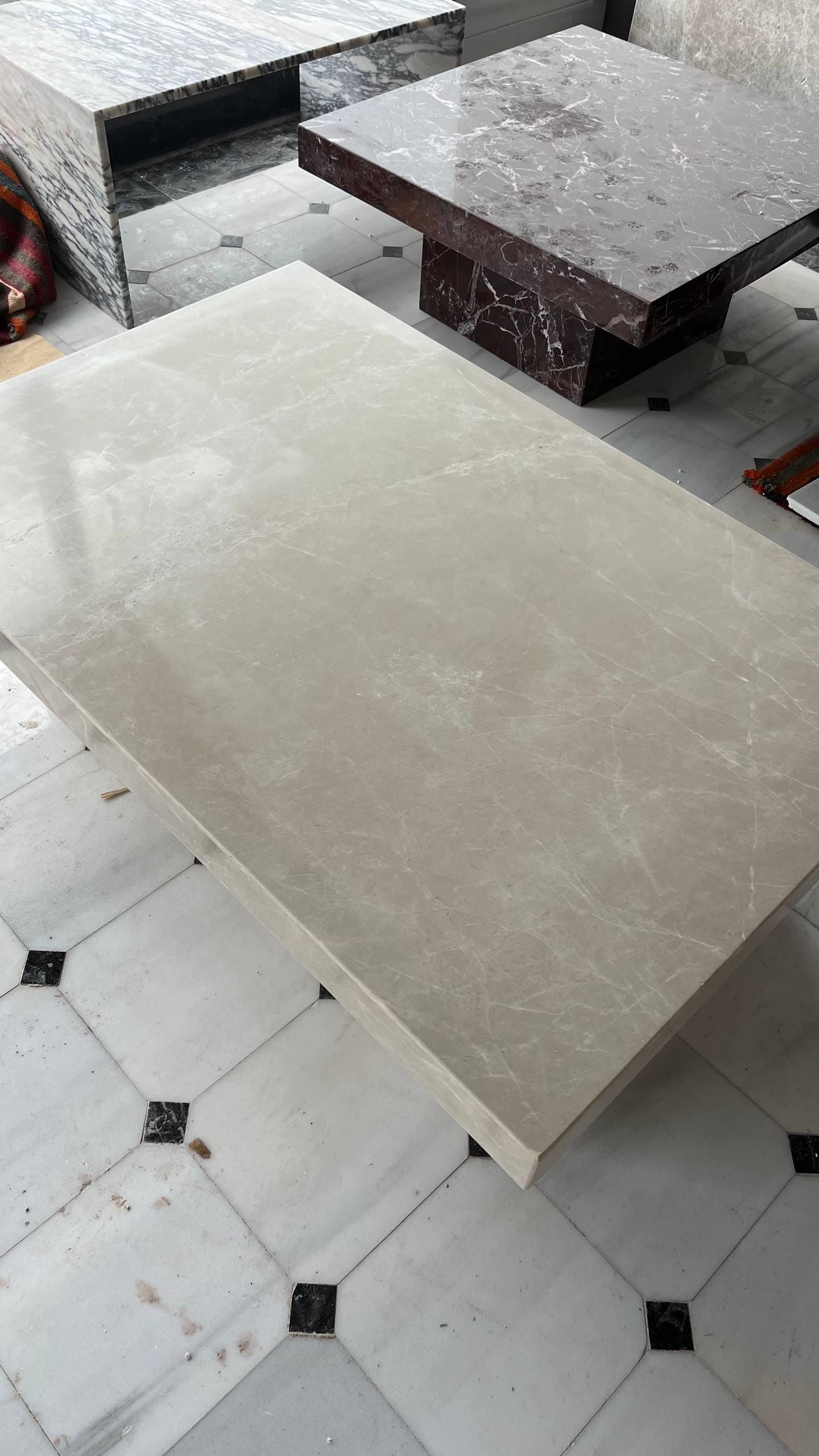 Beige Marble Coffee Table – Sculptural Low Table with Thick Edge, Modern Natural Stone Center Table. Ready To Ship