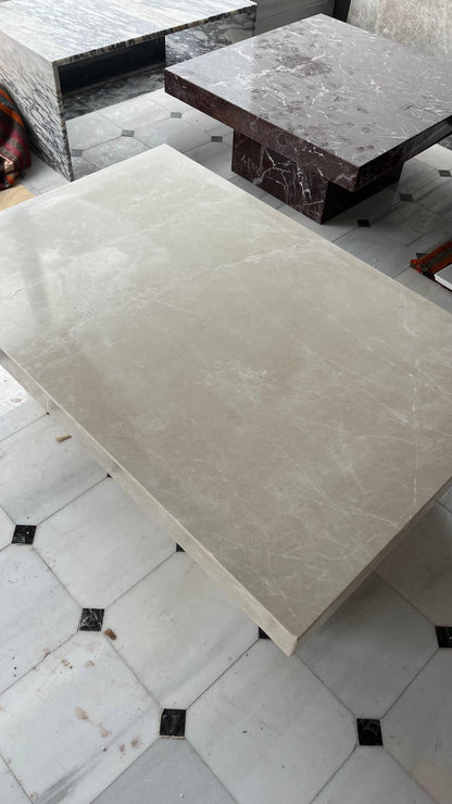 Beige Marble Coffee Table – Sculptural Low Table with Thick Edge, Modern Natural Stone Center Table. Ready To Ship
