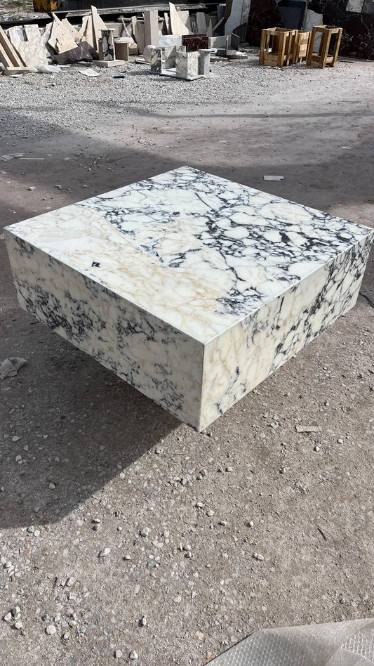Violet Marble Coffee Table – Sculptural Square Center Table, Luxury Menekşe Marble Low Coffee Table for Modern Living Room Decor
