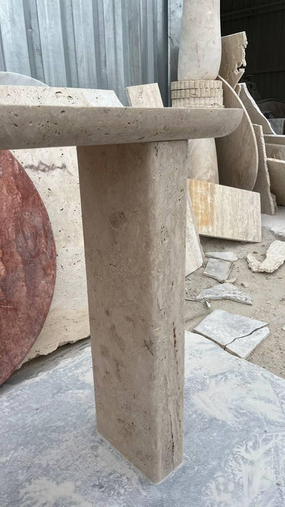 Handmade Travertine Console Table: Sculptural Narrow Entryway Table